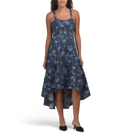 JEWEL BY BADGLEY MISCHKA Denim Blue Rose Embroidered Dress - Picture 1 of 2